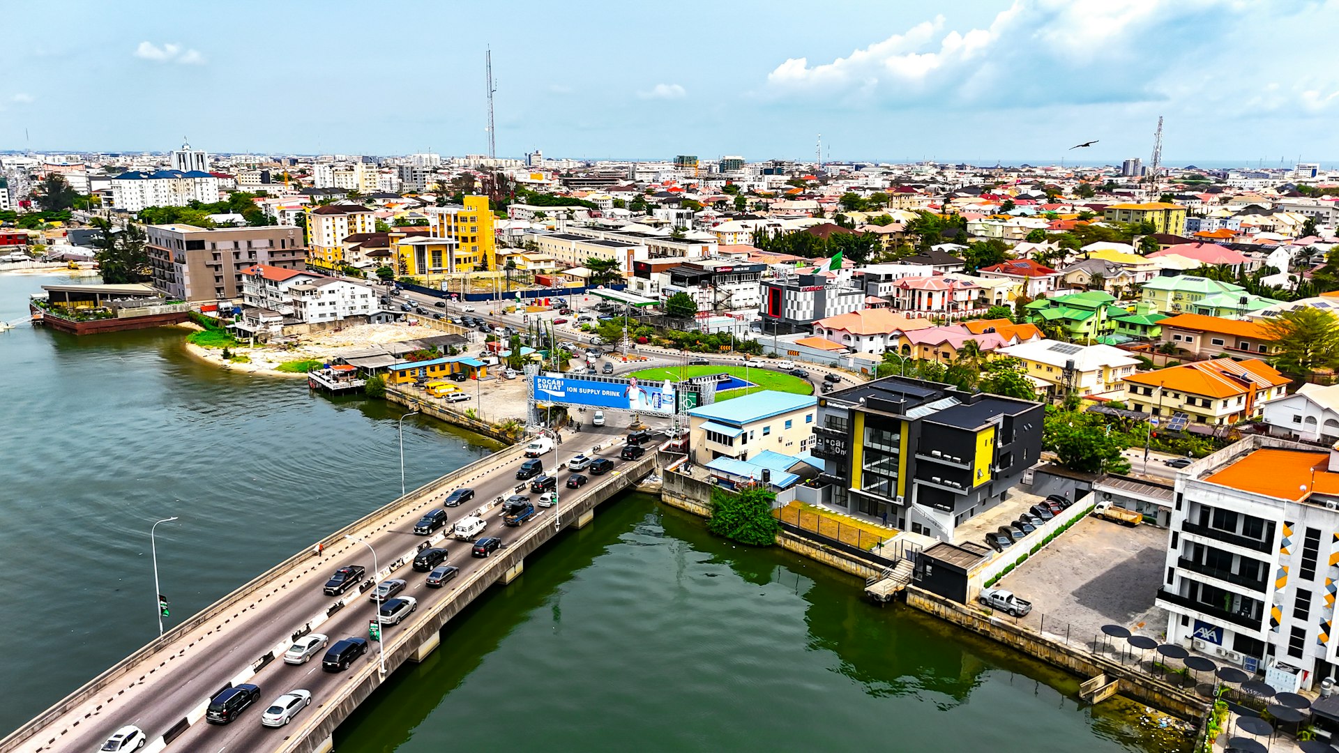 Aerial view of a Nigerian riverside city